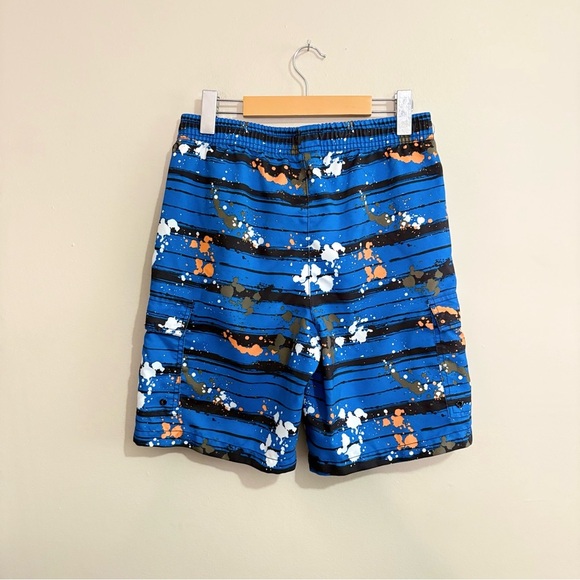 Blue & Orange Paint Splatter Striped Kids Swim Trunks w Mesh Lining - Picture 6 of 12
